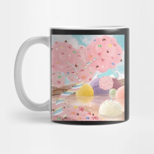 Candy land fantasy background. Sweets world landscape. Marshmallow tree, chocolate milk river, ice cream islands Mug